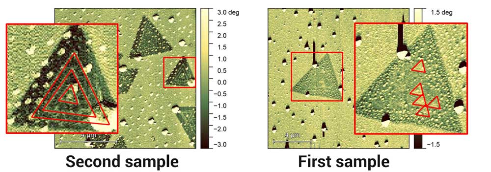 Phase imaging of two MoS2 samples grown under different conditions. 