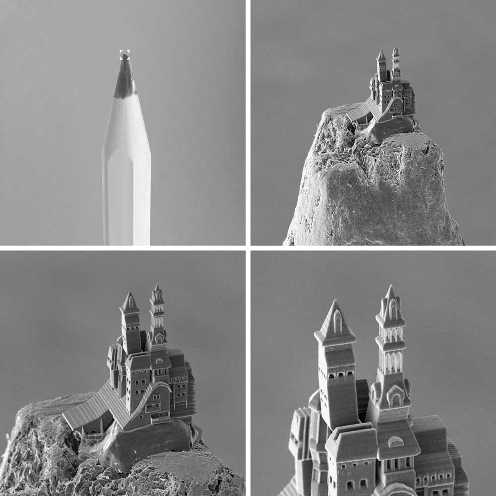 example of 2 photon polymerisation showing a castle printed on a pencil tip at 4 different magnitications