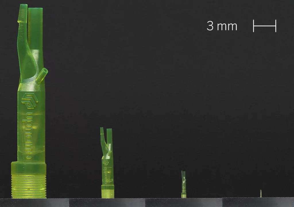 Microfluidic nozzles in four sizes 3D printed using 2-photon polymerisation technology