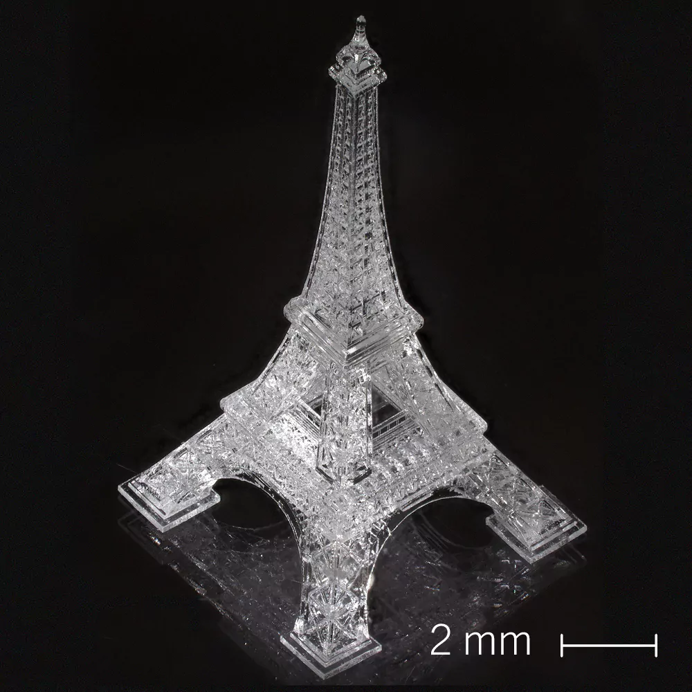 3D printed fused silica Eiffel Tower produced with an UpNano NanoOne 2PP 3D printer